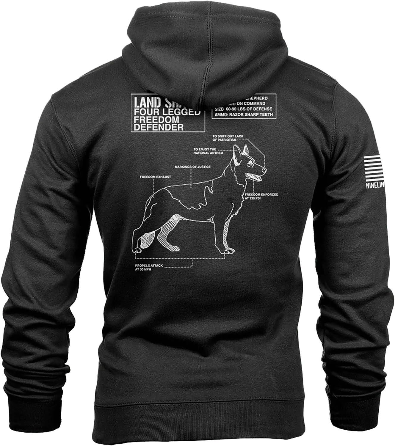 Nine Line Land Shark Hoodie for Men, Patriotic German Shepherd K9, USA Made Military Law Enforcement Graphic Hoodie