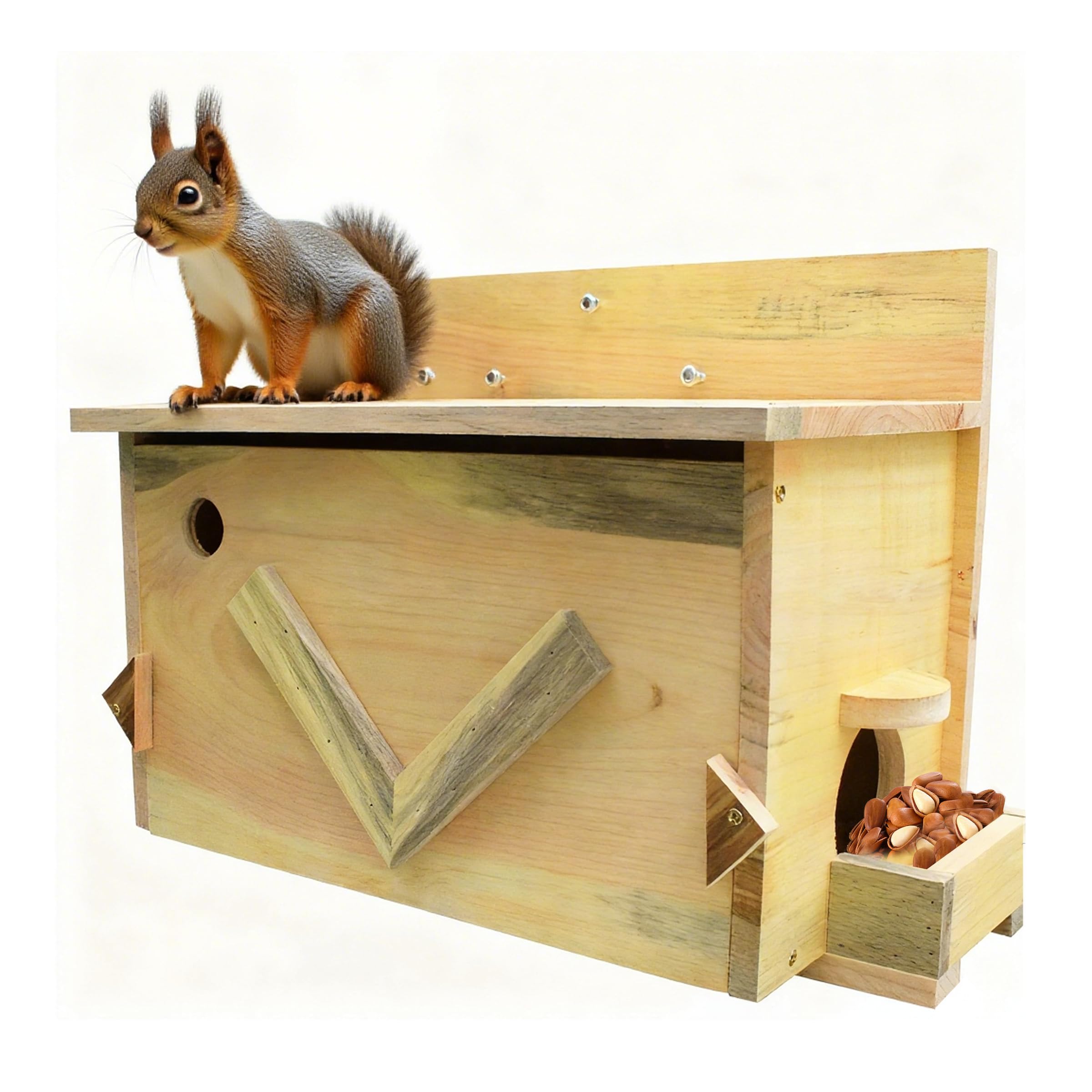 Large Solid Cedar Squirrel House - Handmade All-Weather Outdoor Nesting Box to Welcome Squirrels & Chipmunks - Easy Mounting Kit for Backyard, Tree, or Fence