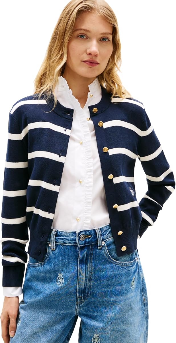 Cárdigan de punto ligero con botones y cuello redondo de algodón para mujer con diseño