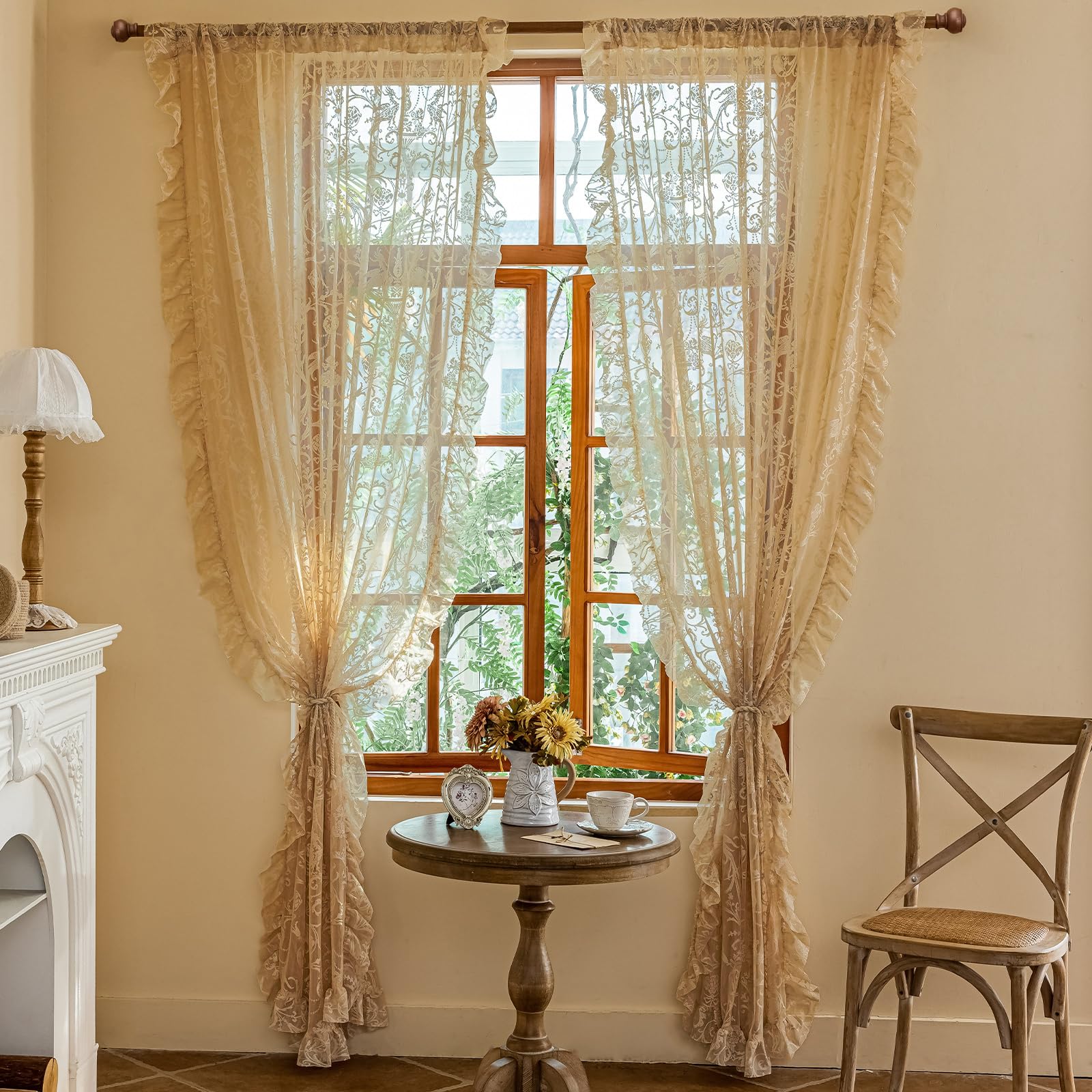 TUDECO Beige Floral Curtains 108 Inches Long - Fancy Lace Sheer Curtains for Dining Room, 60s 70s Retro Flower Ruffle Privacy Embroidered Extra Long Window Treatment Spring Summer Decor, 59 x 108 Inch โ image 1