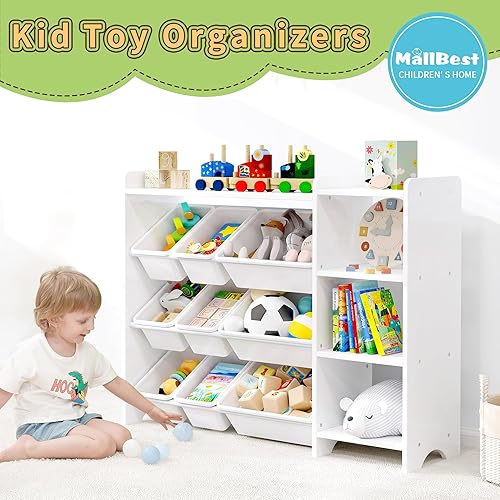 Miniatura 10 de MallBest Estante organizador de almacenamiento de juguetes para niños de 4 niveles, 100% madera maciza, gabinete de almacenamiento para niños con 9