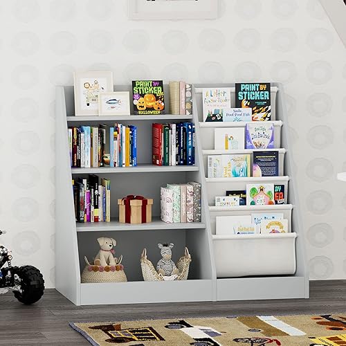 Miniatura 77 de Estantería de madera rosa de 4 niveles para niños, estantería de 5 capas, estante para libros de almacenamiento para bebés, organizador de juguetes