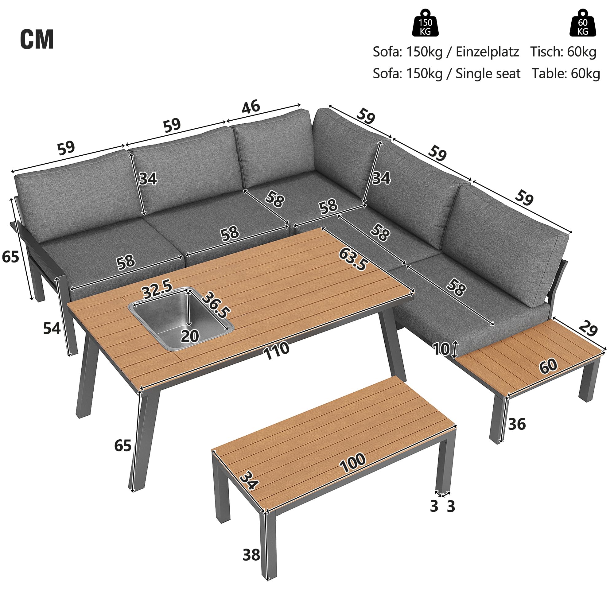 Juego de salón de jardín para 6-7 personas, adecuado para jardín, balcón, terraza, grupo de asientos resistente a la intemperie, moderno juego de muebles de jardín, estructura de hierro