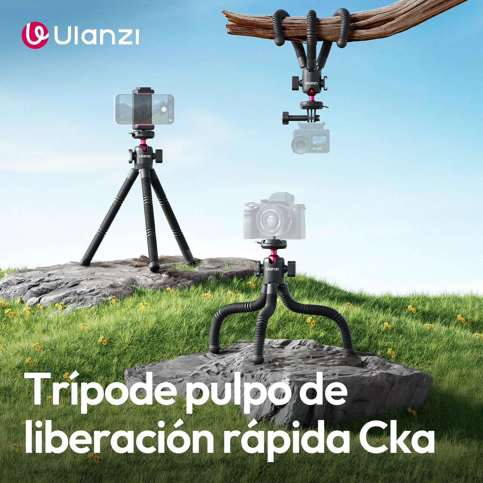 ULANZI MT91 Trípode Flexible para Teléfono móvil con Liberación Rápida, Trípode Octopus para Cámara, Palo Selfie con Remoto Bluetooth, Adaptador para Cámara de Acción, Compatible con iPhone y Samsung