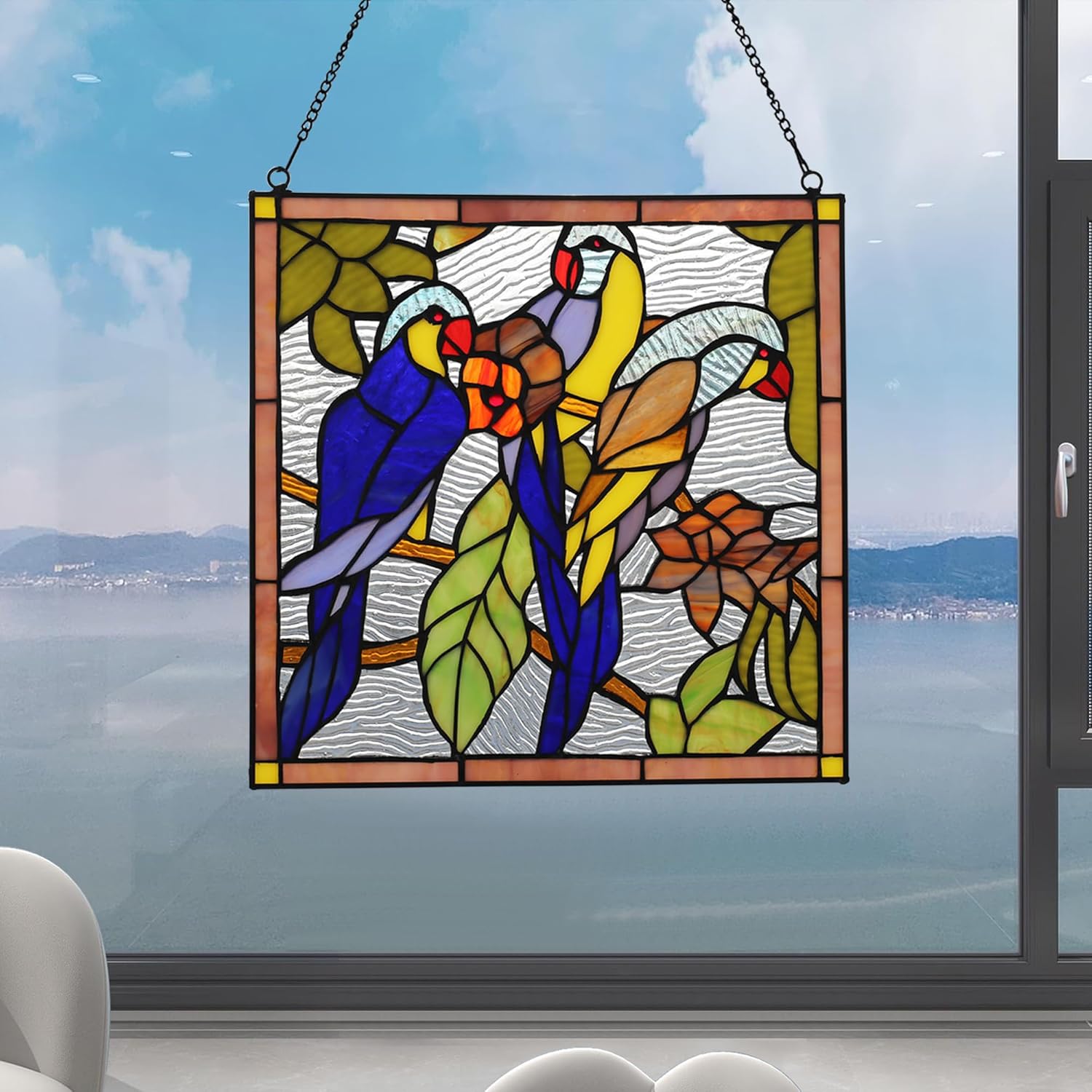 YOURANJU Parrot Stained Glass Window Hanging Tiffany Style Handmade 12" 2 Bird Window Panel Housewarming Gift Perfect for Living Room Bedroom Kitchen Decoration Hangings with Chain