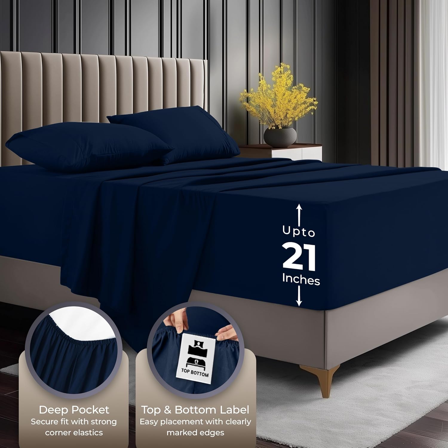 Utopia Bedding King Size Deep Pocket Sheet Set – Fits Mattresses Up to 21 inches – Cooling, Soft & Breathable – Oeko-TEX 4 Piece Bed Sheets (Navy) - Image 5