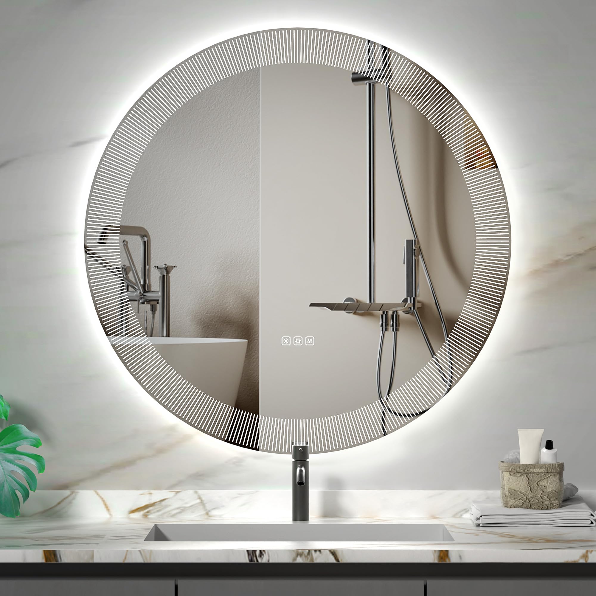 furduzz 700mm Round LED Bathroom Mirror, Anti-Fog Circle Illuminated Wall Mounted Vanity Mirror with Anti-Fog, 3 Colors, Memory, Dimmable, White Stripe Pattern Design — image 1