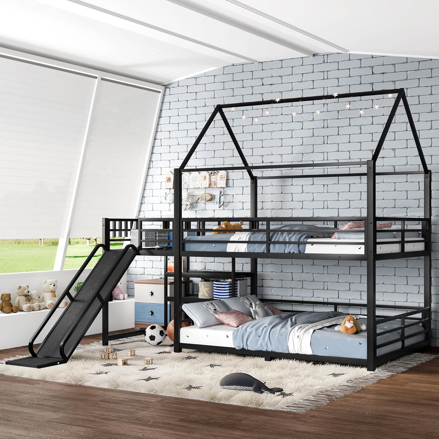 Bellemave Full Over Full Bunk Bed with Slide, Kids House Floor Bunk Bed with Storage Stairs and Full Length Guardrail, Heavy Duty Bunk Beds for Girls, Boys, Black
