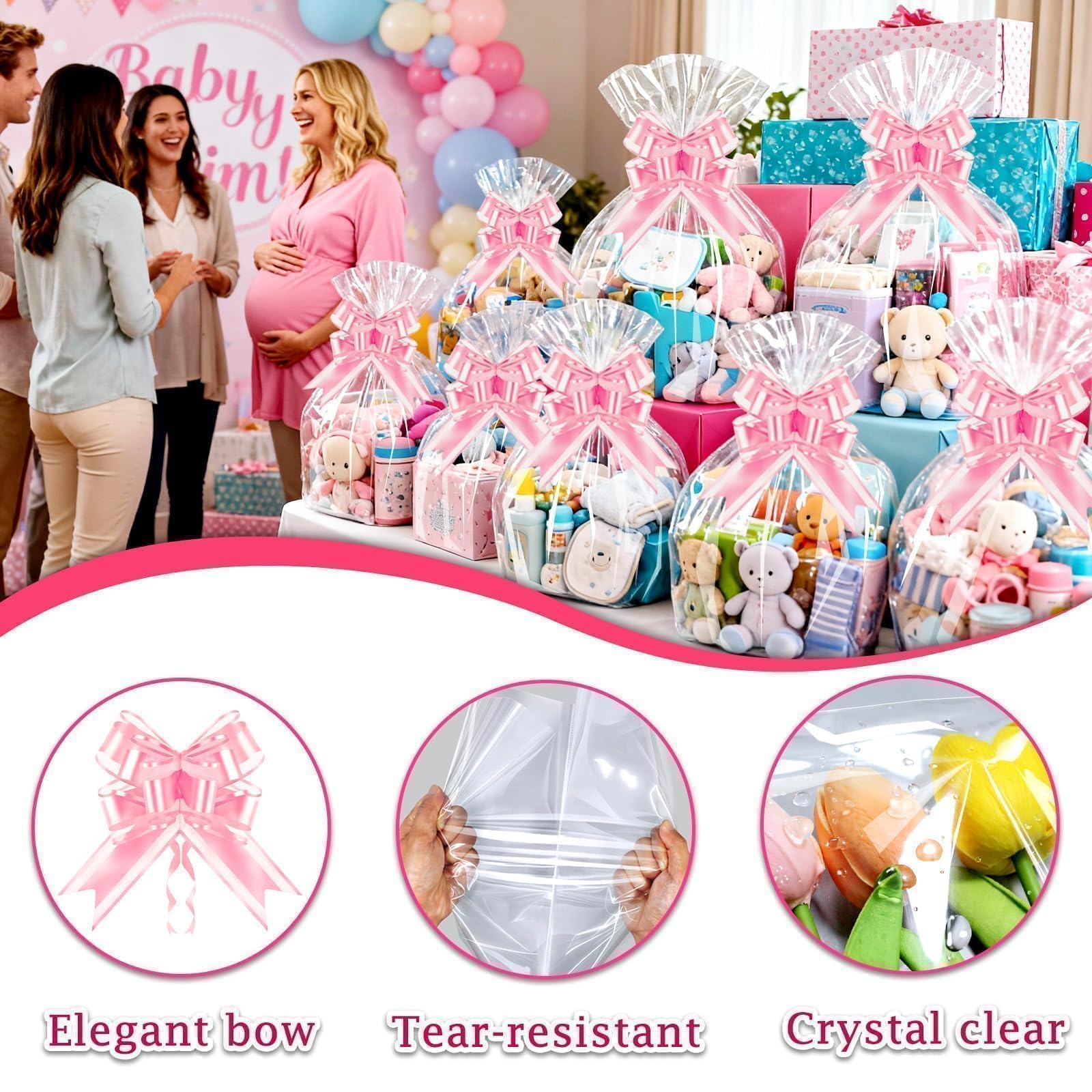 PigPotParty Przezroczyste celofanowe torebki prezentowe z różową wstążką, 10 opakowań celofanowych do koszy prezentowych, plastikowe torby na prezenty na urodziny, ślub, walentynki, Wielkanoc, baby