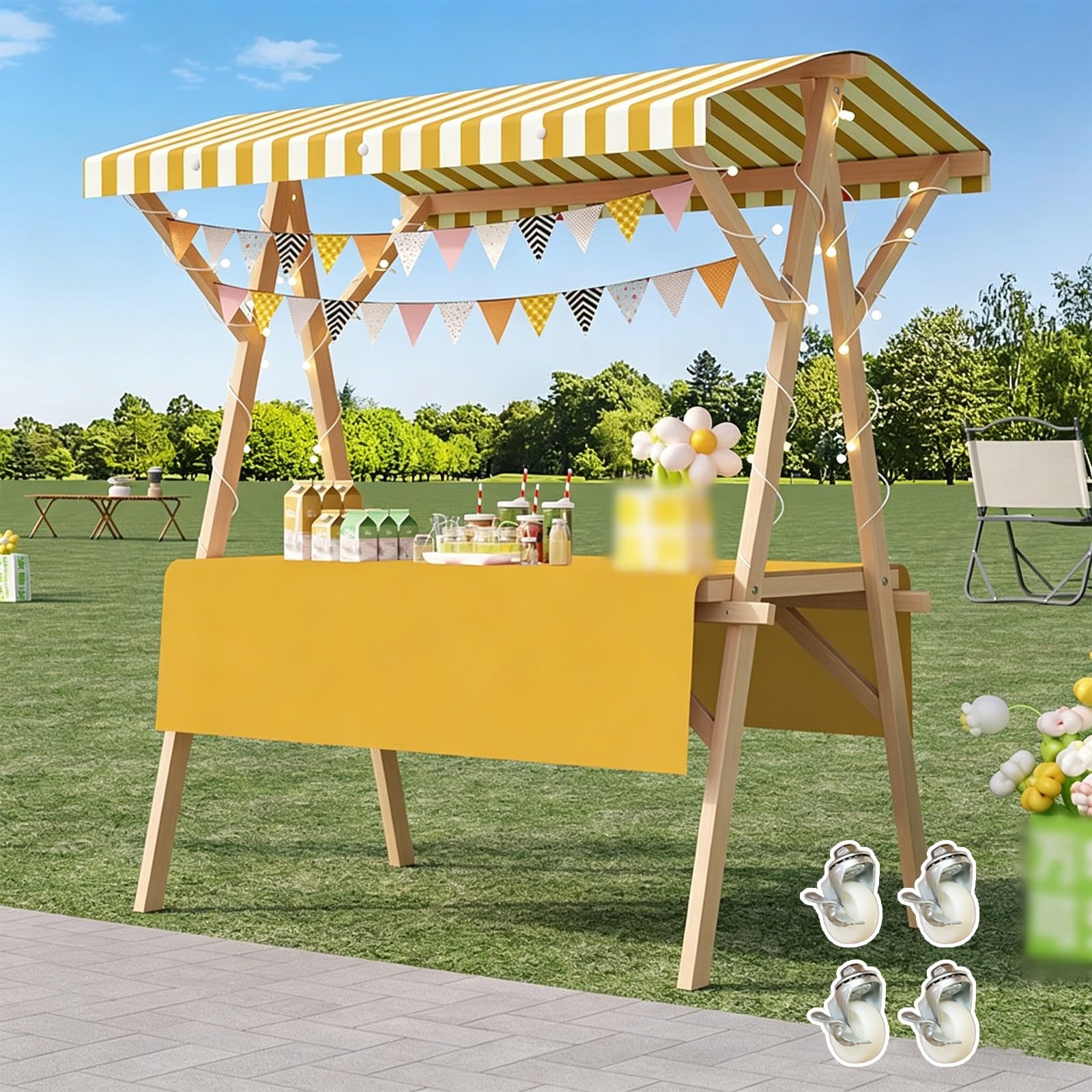 Bancarella portatile pieghevole in legno con ruote, carrello per vendita di alimenti, espositore commerciale, con baldacchino e tovaglia, per fiere, artigianato, eventi (giallo, 120 cm)