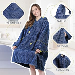 MIZZEO Microfiber Wearable Blanket, Oversized Light Wearable Blanket Hoodie for Adults, Cozy Soft Warm Plush Hooded Blanket Gifts for Women, One Size Fits All (Navy)