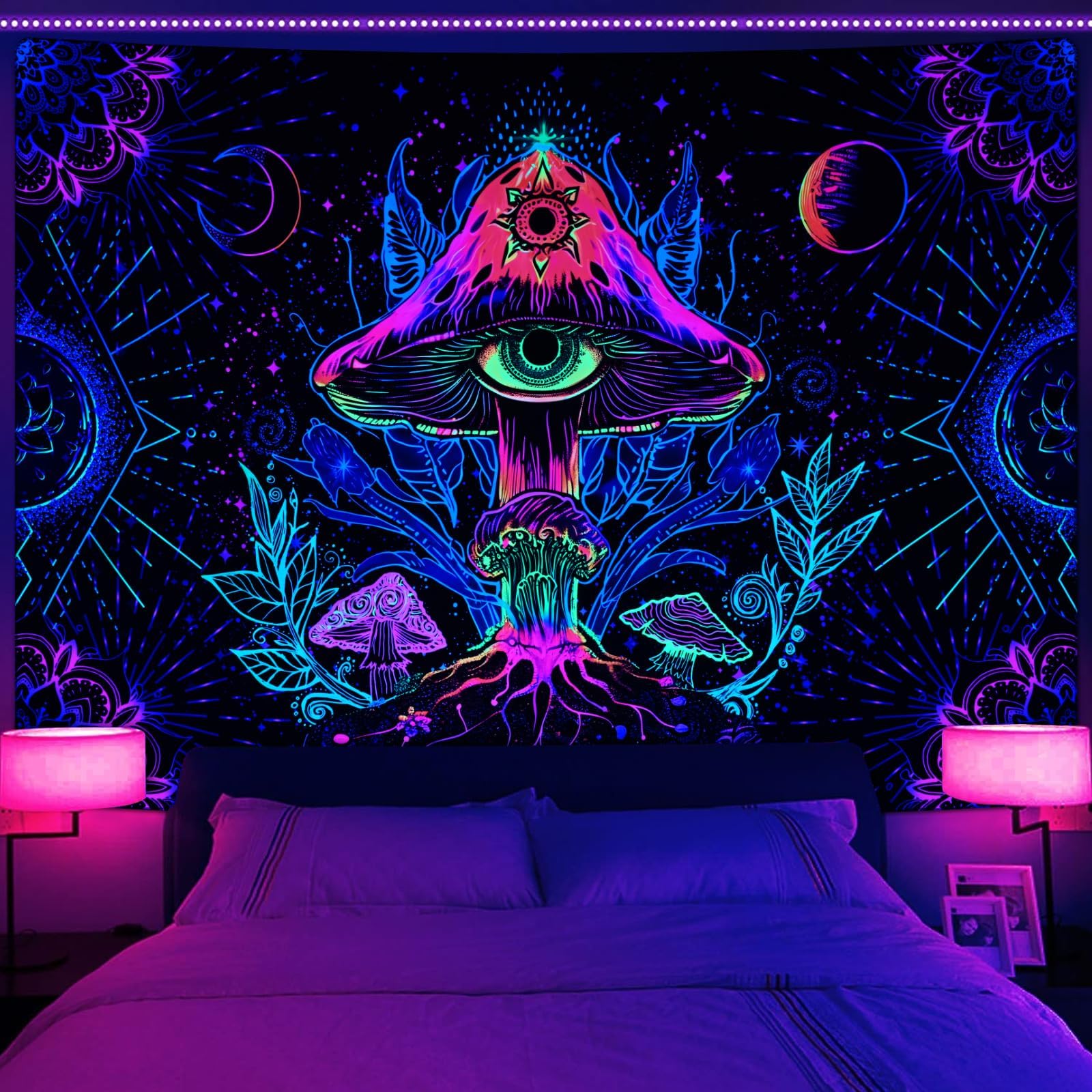 Alishomtll Fluorescent Mushroom Tapestry, Black Light Mushroom Mandala Sun and Moon Wall Hanging, Natural Botanical Aesthetics Decorative Colourful Wallpaper, Bedroom Dorm 210x150cm