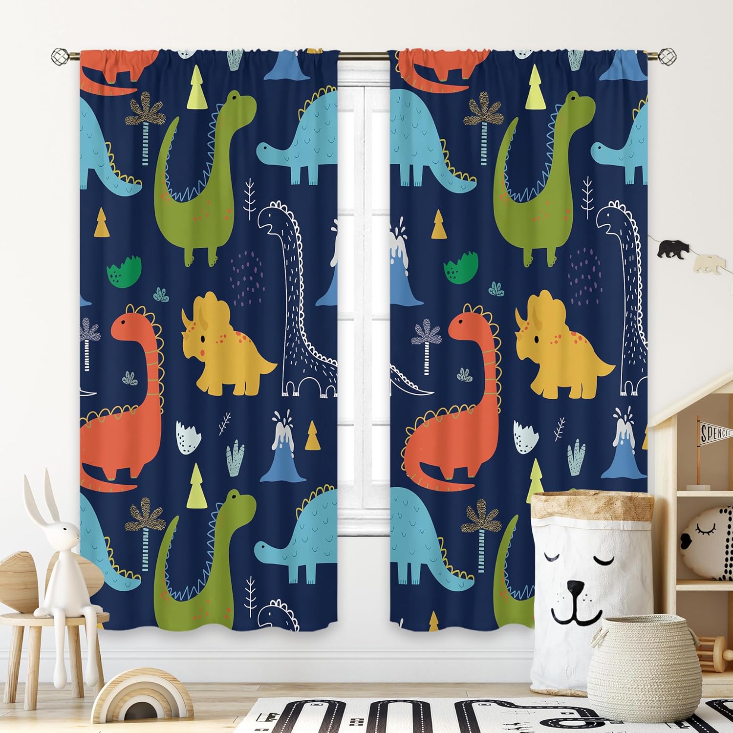 Cinbloo Dinosaur Curtains 42Wx63H Inch Rod Pocket Navy Blue Kids Cute Cartoon Dino Baby Boys Animal Art Printed Nursery Toddler Teens Cool Safari Living Room Bedroom Window Drapes Treatment 2 Panels