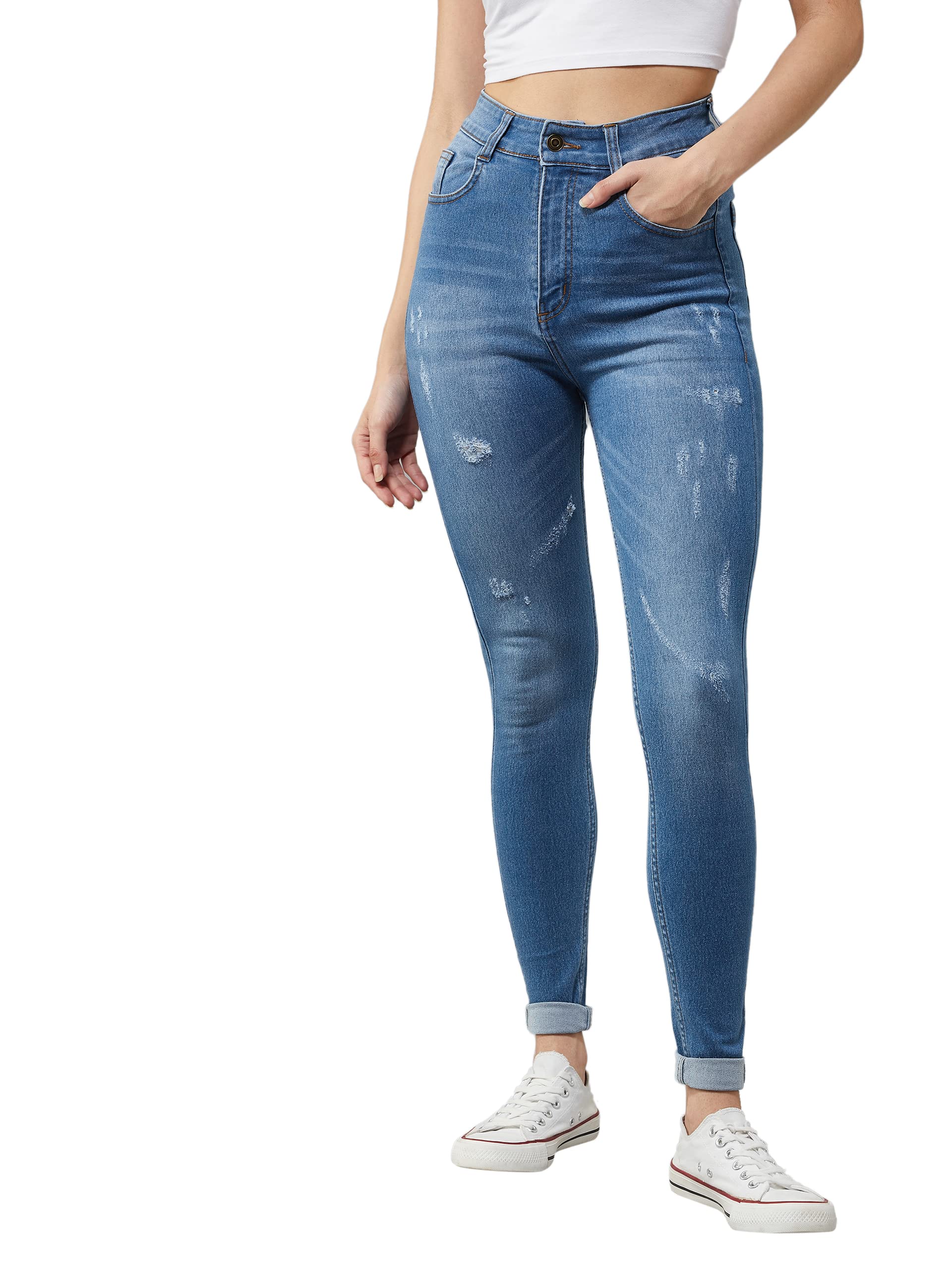 dolce crudo Women's Blue Skinny High Rise Mild Distress Regular Stretchable Denim Jeans-picture-16