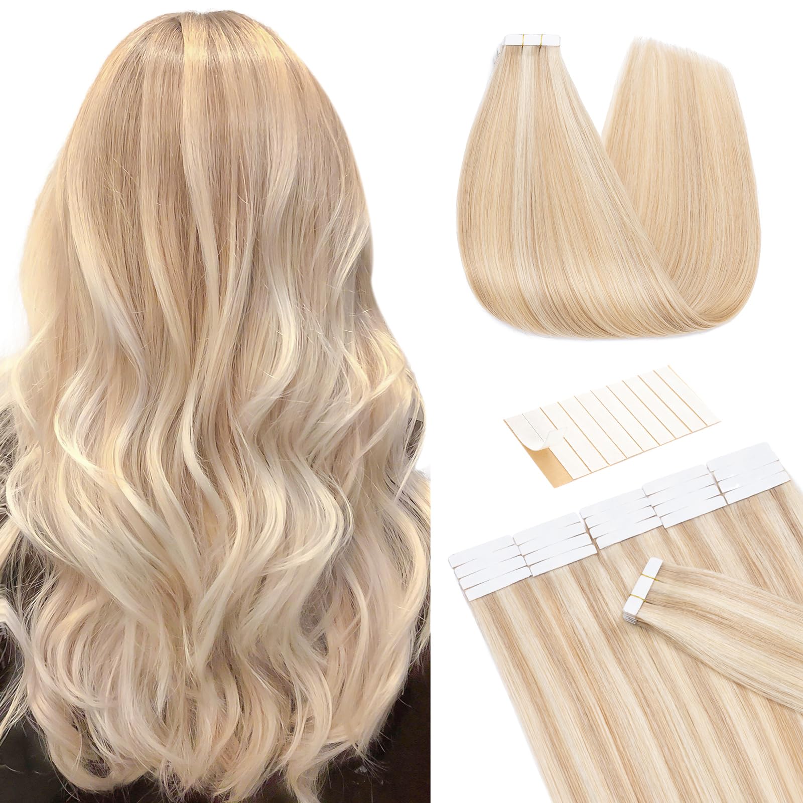 TESS Tape in Hair Extensions Human Hair 10 PCS #18P613 Ash Blonde & Bleach Blonde