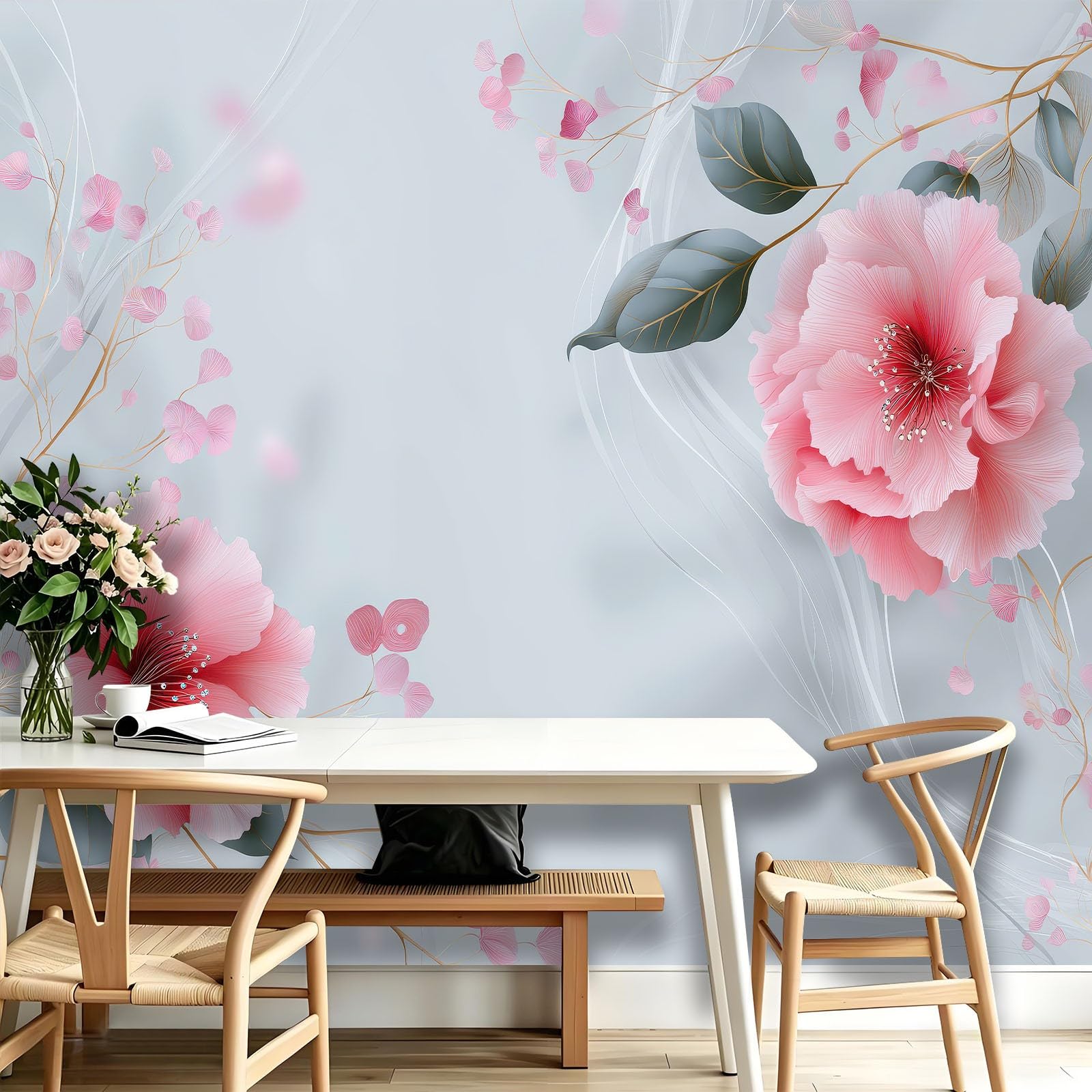 Générique Tapeta ścienna do salonu - kwiatowe płatki piwonii - 300x210cm Panoramiczna tapeta z włókniny, botaniczne linie falowane dekoracje ścienne 3D gobelin fotograficzny