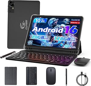 10 Inch Android 15 Tablet, 20GB RAM+128GB ROM/2TB Expandable Tablets PC, 2 in 1 Tablets with Keyboard, Mouse, Case, Stylus, Quad-Core 2.0GHz CPU HD Screen, 5G WiFi 6 BT 5.0, 8MP Camera Tableta