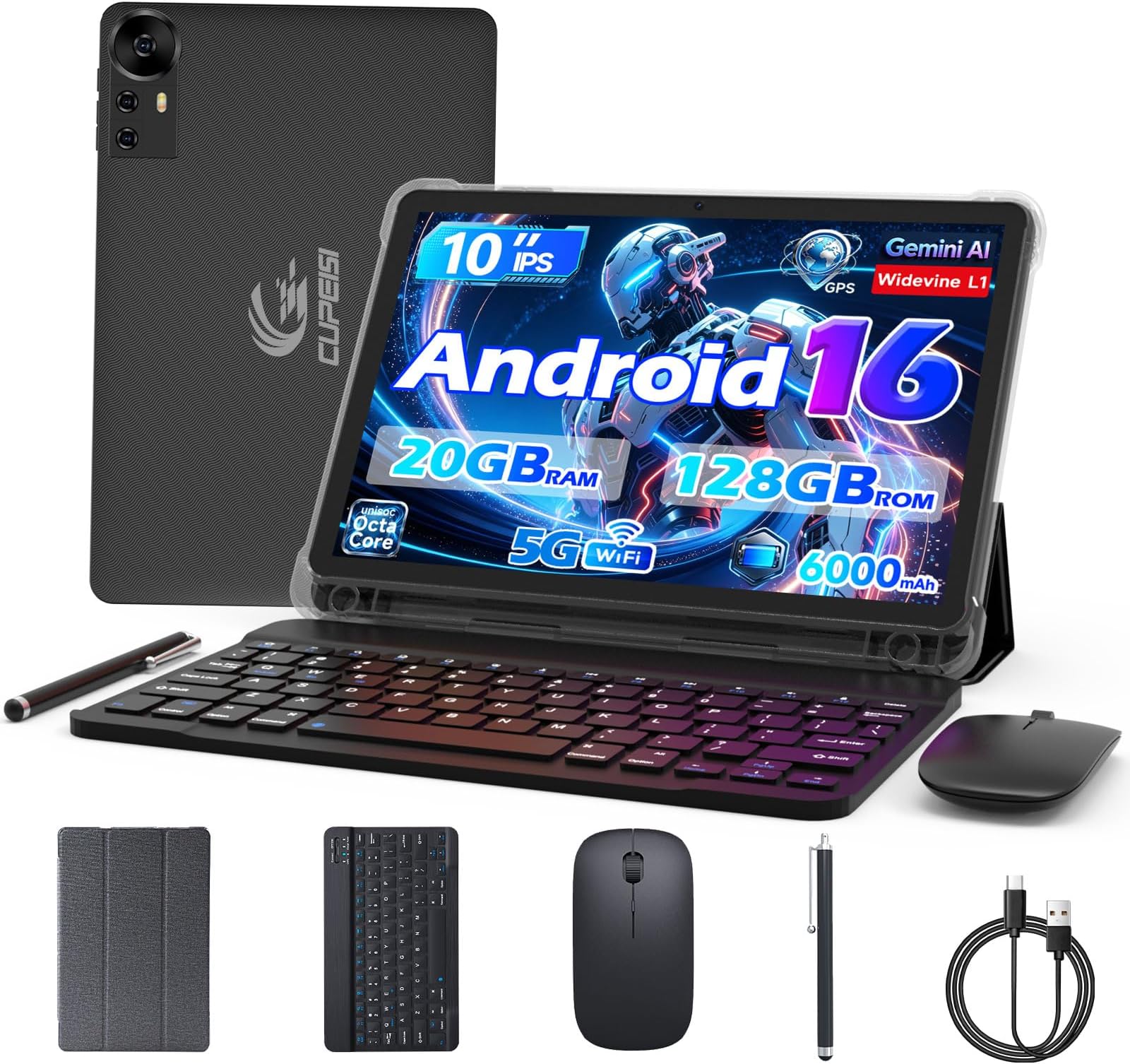 CUPEISI Android 16 Tablet 10 Inch, 20GB RAM+128GB ROM/2TB Expandable, 2.0GHz Octa-core Processor, 1280*800 HD Screen, 5G WiFi6 BT 5.0, 2 in 1 Tablets with Keyboard Case Mouse Stylus, Widevine L1 Black