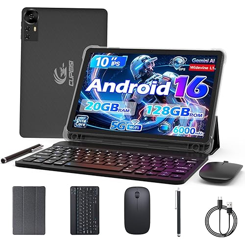 CUPEISI Android 16 Tablet 10 Inch, 20GB RAM+128GB ROM/2TB Expandable, 2.0GHz Octa-core Processor, 1280*800 HD Screen, 5G WiFi6 BT 5.0, 2 in 1 Tablets with Keyboard Case Mouse Stylus, Widevine L1 Black