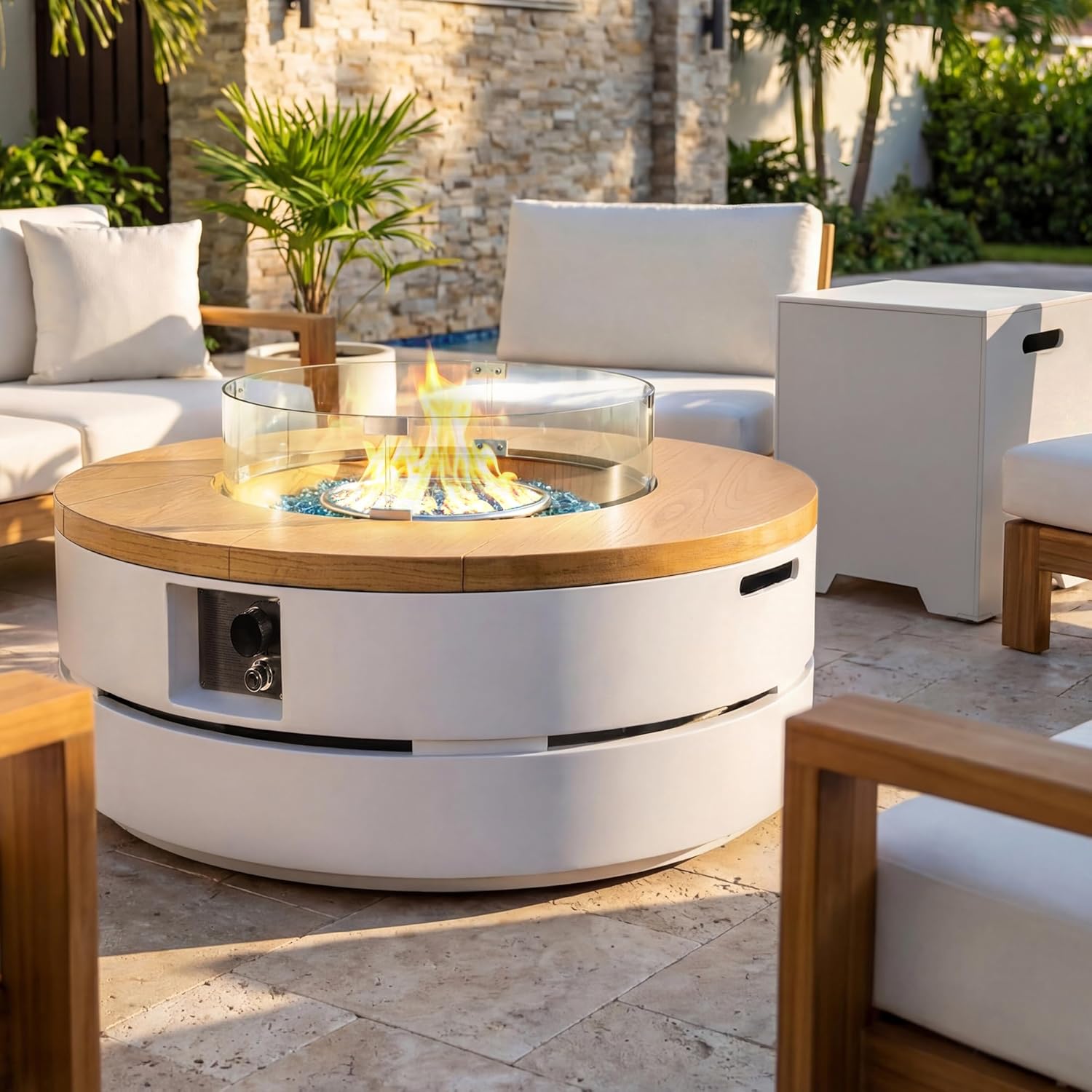 UPHA 38-inch Outdoor Patio Propane Gas Fire Pit Table 50000 BTU Concrete Round Firepit with ABS Tank Hidden Table, Wind Guard, Blue Glass Rocks, Rain Cover, Dark Grey Natural Wood Finish