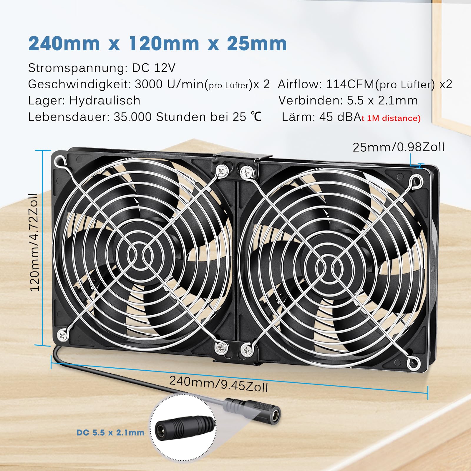 GDSTIME Ventola 240 mm 230 V doppia ventola 2 x 120 mm PC ventilatore 230 V PC 240 mm con DC 4 V – 12 V velocità regolabile per computer laptop