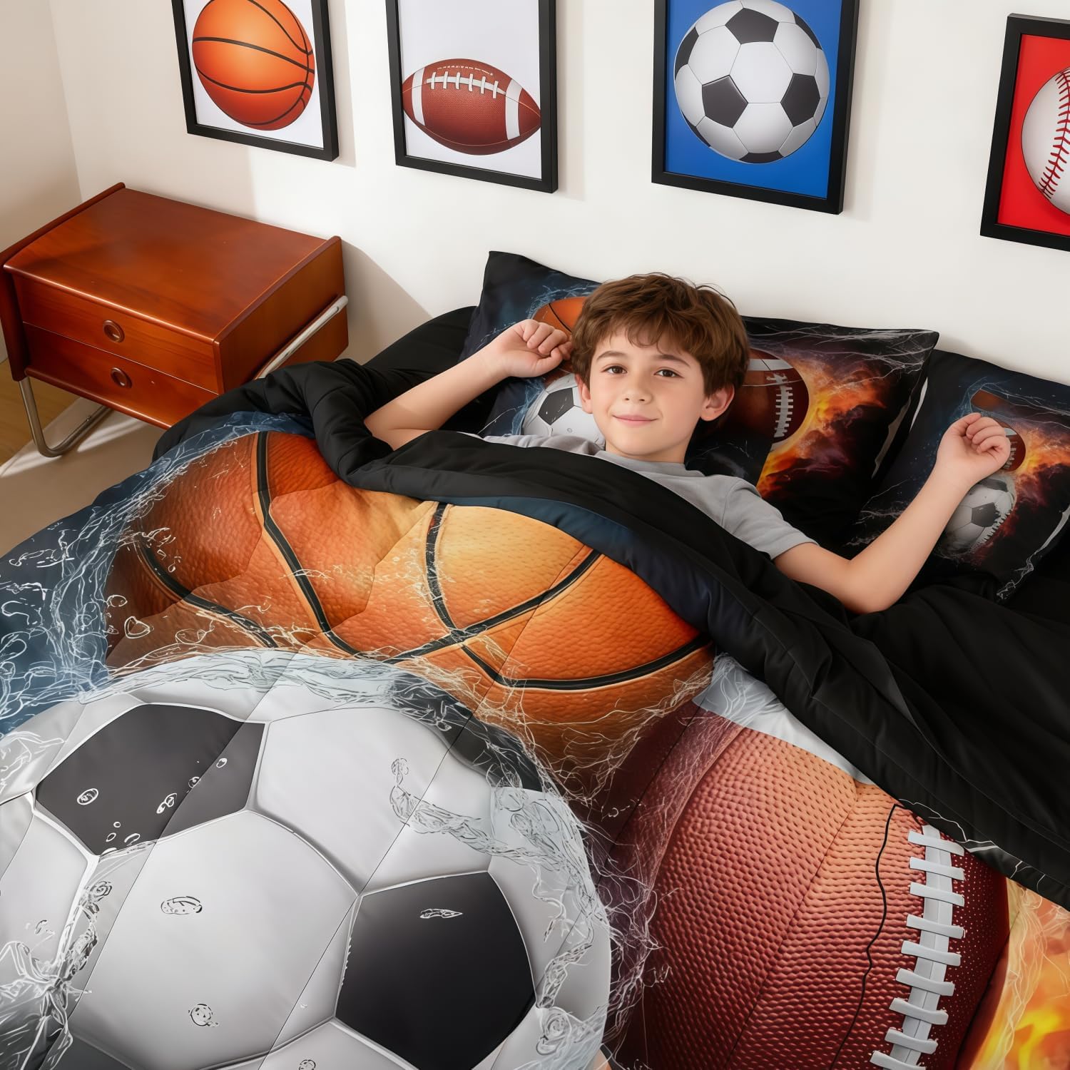 Erosebridal Football Bedding Set Twin Size 7 Pieces Kids Basketball Soccer Ball Pattern Bed Sets for Boys Girls Baseball Sports Theme Bed in A Bag with Comforter,Sheets,Pillowcases&Cushion Covers