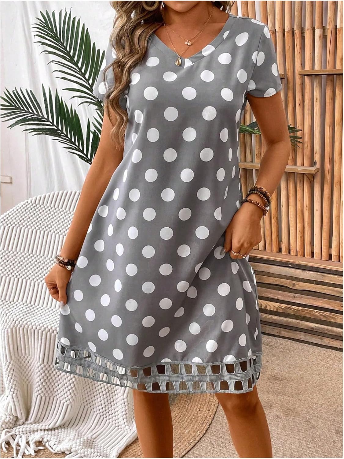 Milumia Women's V Neck Polka Dots Mini Dress Short Sleeve A Line Loose Short T Shirt Dresses - Image 6