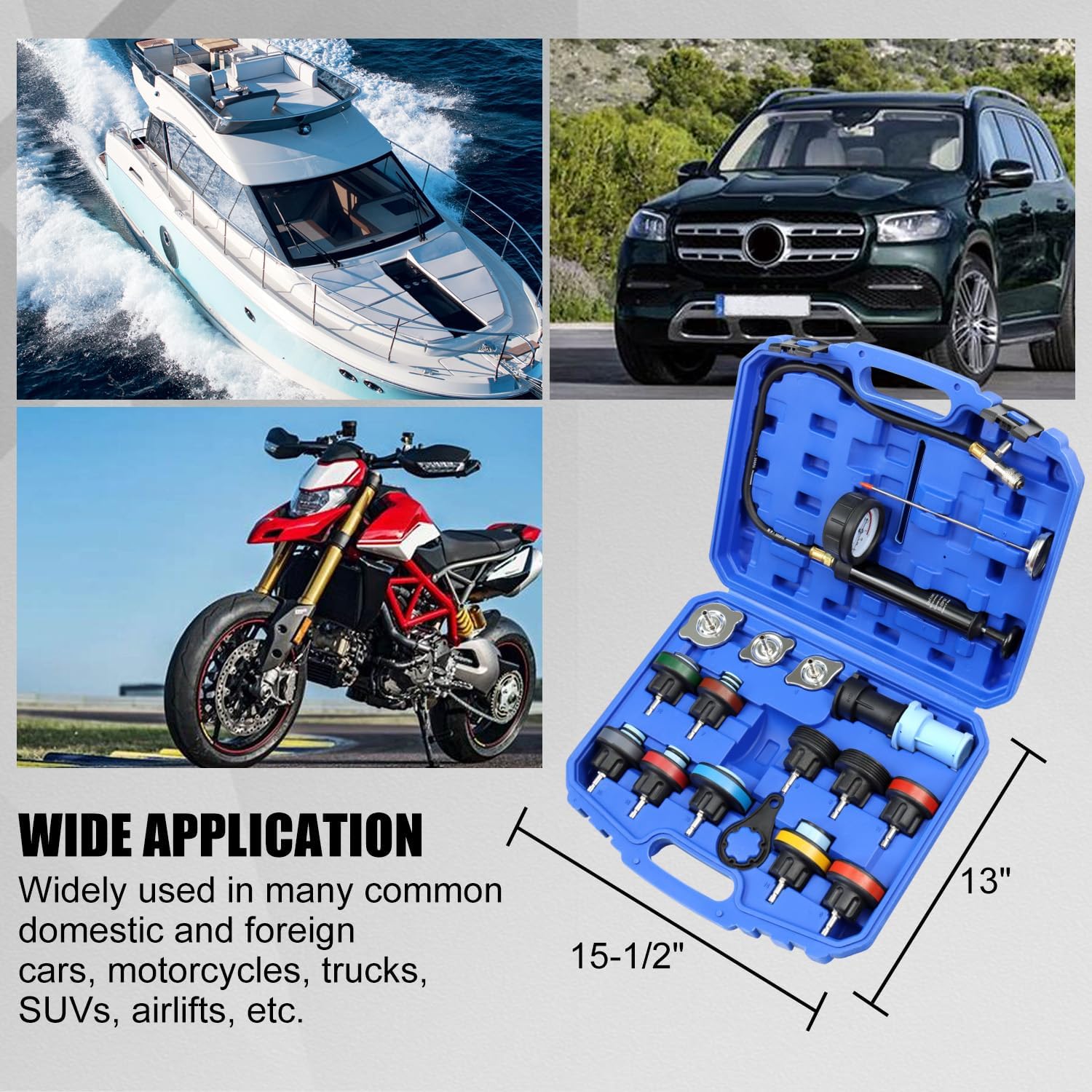 Radiator Pressure Tester Kit, 18PCS Automotive Water Tank Manual Pump Pressure Test Tool and Adapters Work on Cooling System Leak Down Detection for Cars Motorcycles Trucks Airlifts, Blue