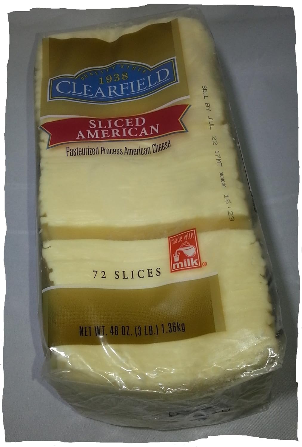 CLEARFIELD SLICED AMERICAN CHEESE. WHITE. 3 LB. 72 SLICES