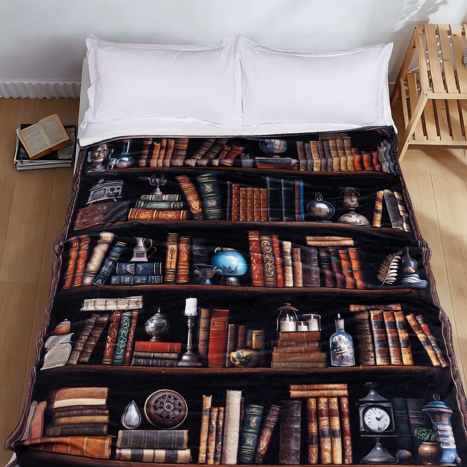 Vintage Bookshelf Throw Blanket Reading Book Blanket for Book Lovers Lightweight Warm Cozy Fuzzy Plush Flannel Blanket Library Bookcase Throw Blanket for Bed Chair Couch 60" X 80"