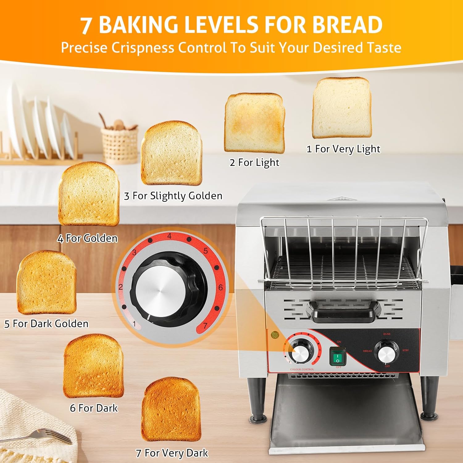 Diagram showing 7 baking levels from very light to very dark toast, with the corresponding knob setting.