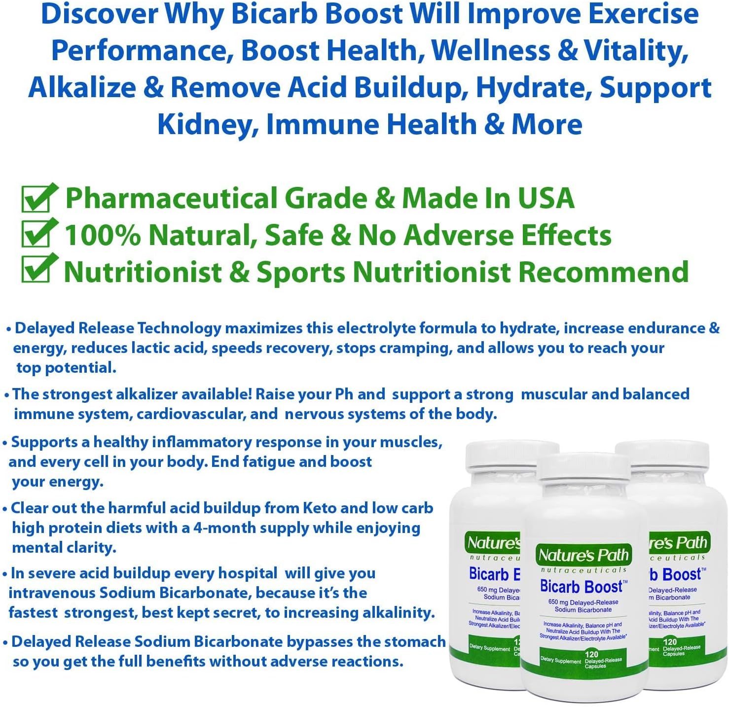 Sodium Bicarbonate 650 mg Tablets - Strongest Alkaline Tablets - Electrolyte Supplement & Keto Electrolyte Pills, Salt Tablets Hydration & Rehydration, Endurance, Stamina: 120 Capsules