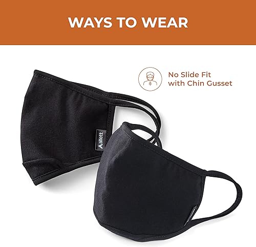 Miniatura 4 de Allett Mascarilla facial, color negro, paquete de 2, hecha de algodón, filtro de polipropileno integrado, cintas elásticas suaves para las orejas,
