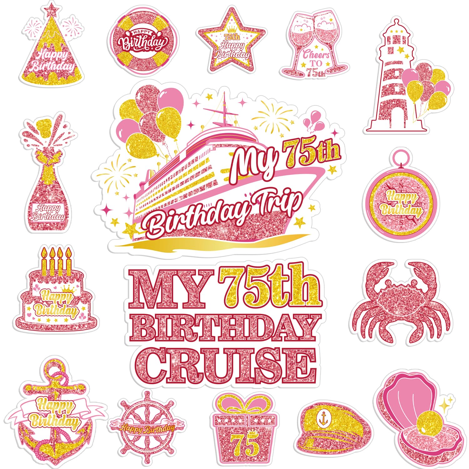 Cosmisun Cruise Door Decorations Magnetic - 16 Pcs Rose Gold 75th Birthday Cruise Door Magnet Cruise Ship Door Decorations 75 Year Old Birthday Magnet Sticker for 75th Women Carnival Cabin Party Decor — image 1