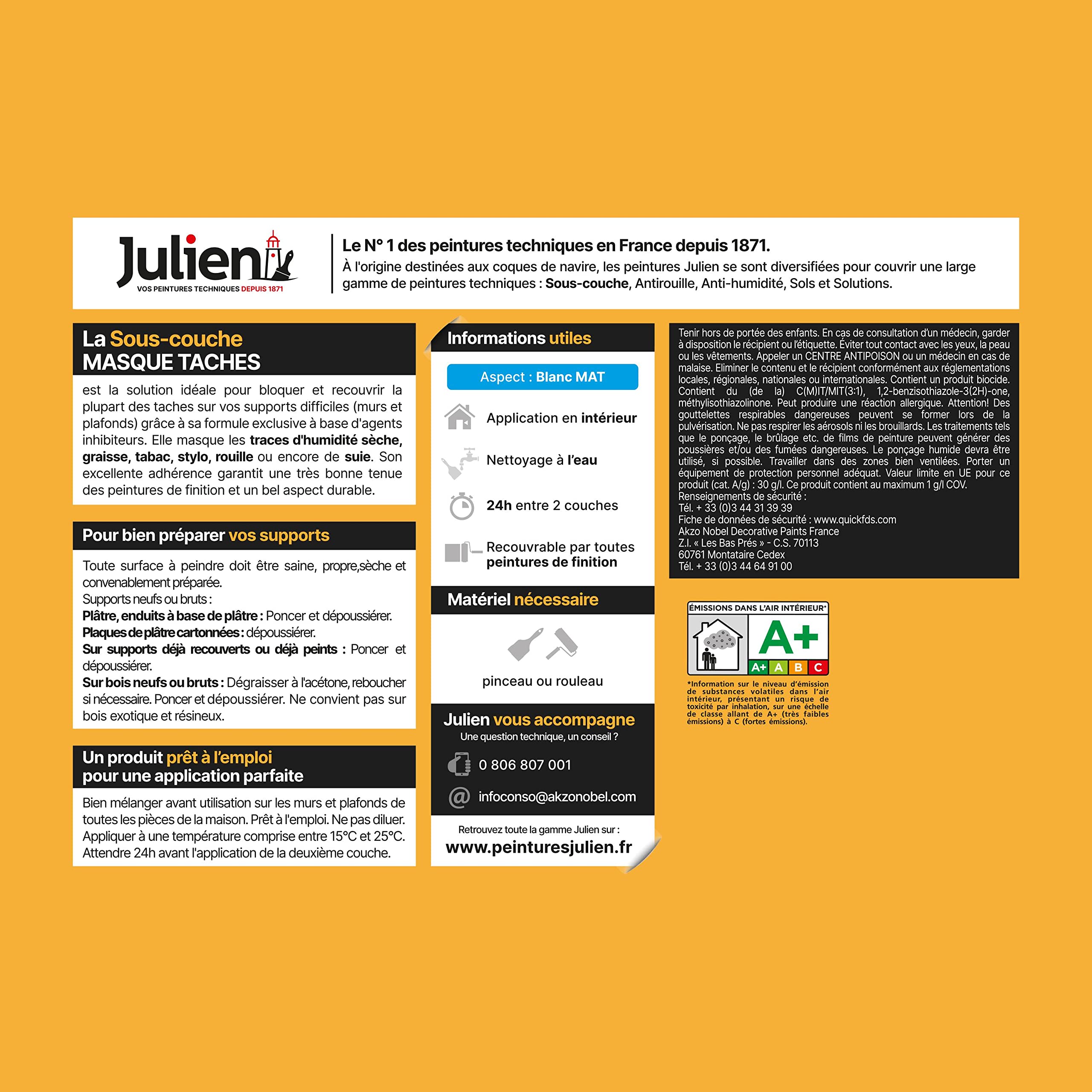 Julien Peinture Sous-Couche Masque-Taches Multi-Supports - Isole les Taches sur Murs et Plafonds - Blanc Mat 2,5L