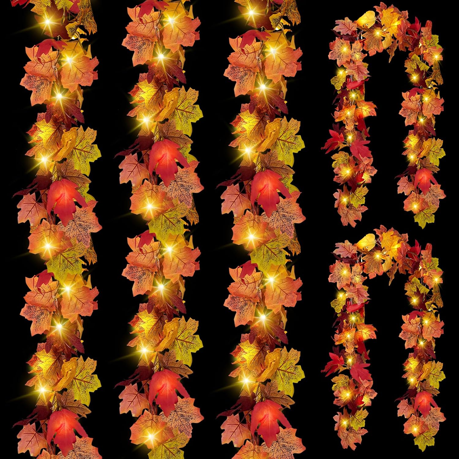 CQURE 5 Pack Fall Leaf Garland with Lights, Fall Vines Autumn Garland LED Lights Artificial Maple Fall Leaves Thanksgiving Decor for Home Wedding Fireplace Party
