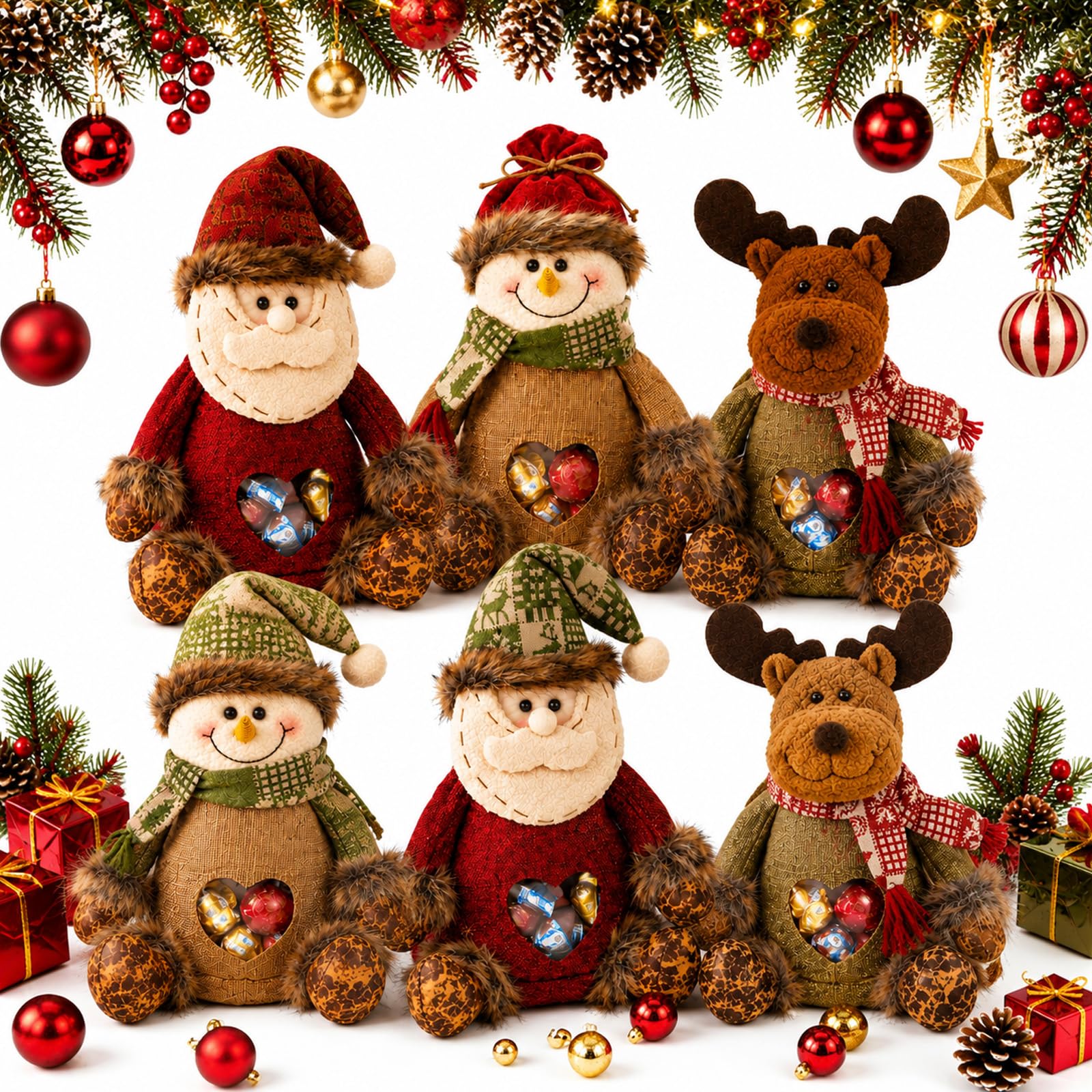 Christmas Gift Bags Zipper Design 3D Doll Storage，6PCS