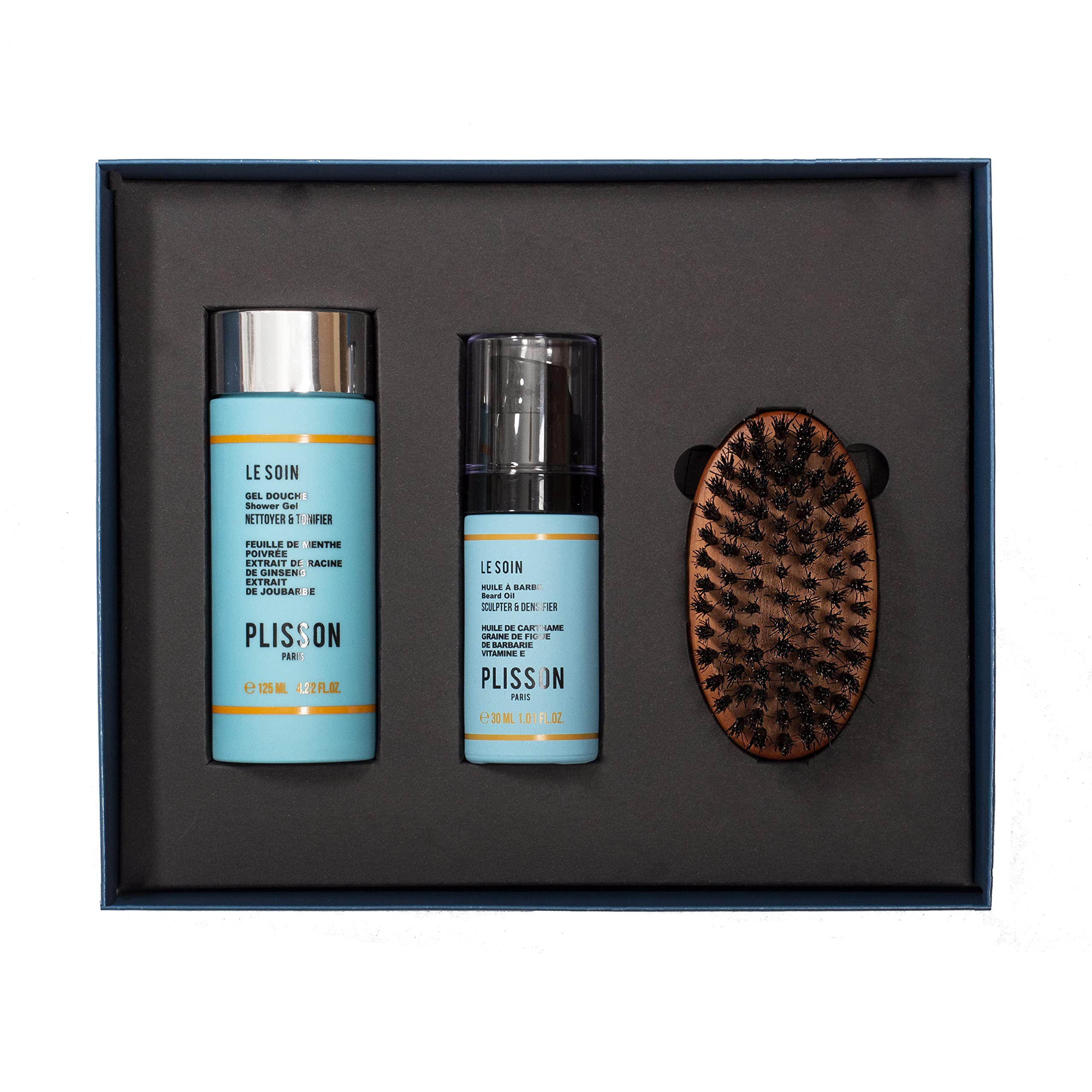 Plisson - Set mit Engelsbart – 1 Duschgel 3-in-1 + 1 Bartöl + 1 Bartbürste – notwendig Bartpflege für Herren – 95 bis 99 % Inhaltsstoffe natürlichen Ursprungs