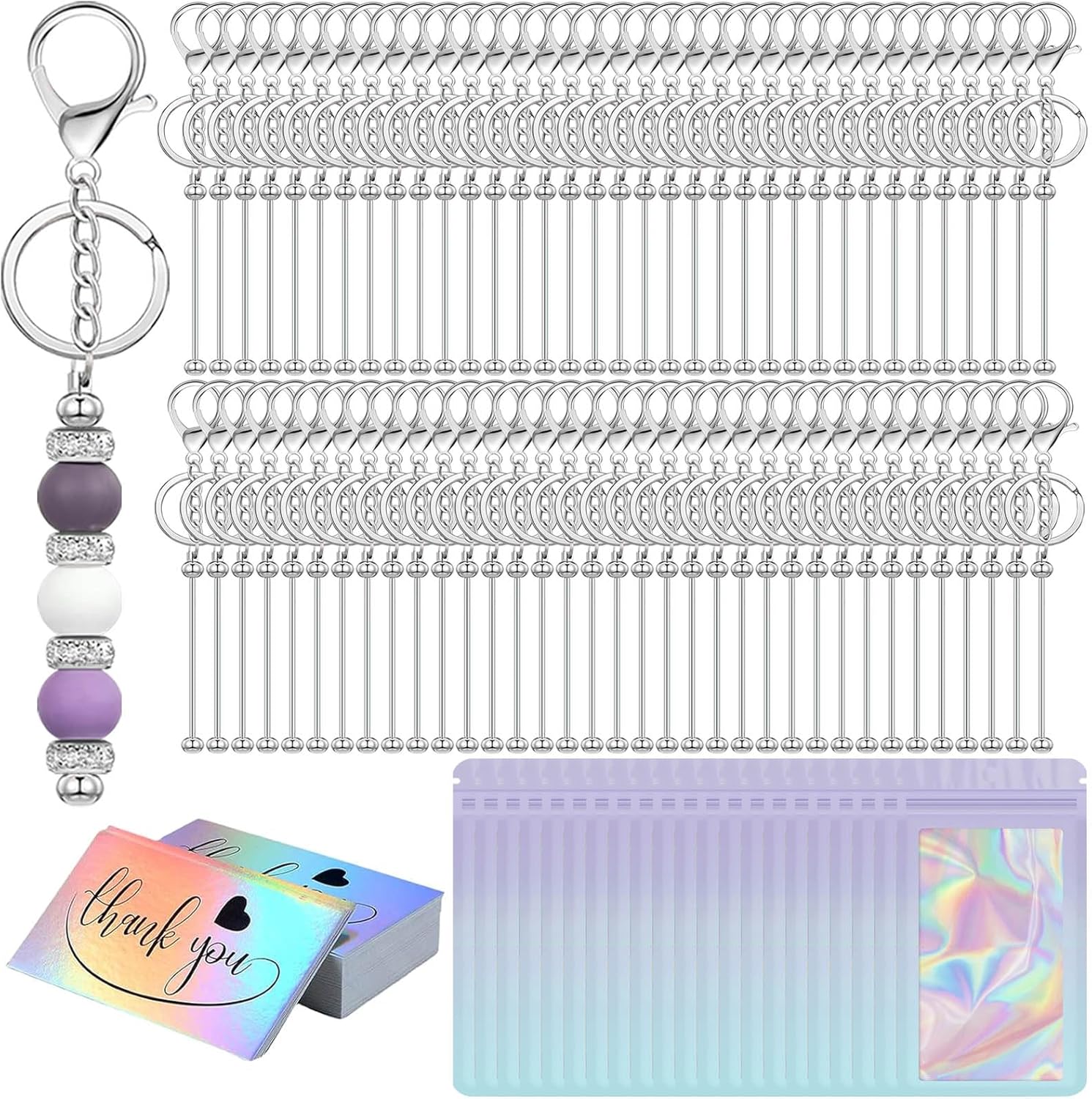 42/84/168 Pcs Beadable Keychain Bars Blank DIY Beaded Keychain Making Supplies with Bag Thank You Card