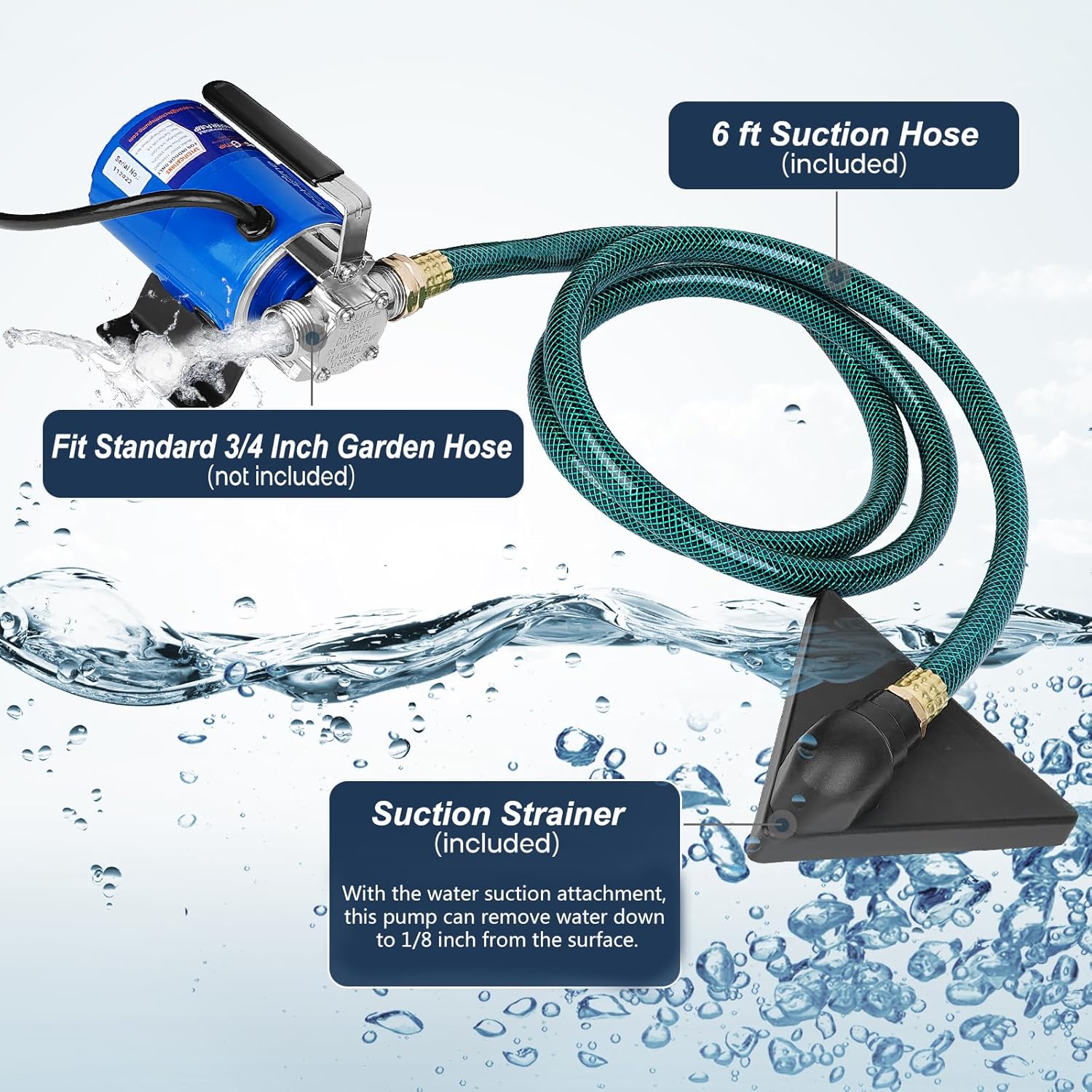 TecHome Water Pump, 115V 1/10HP 330GPH Water Transfer Utility Pump, With ON/OFF Switch And Suction Hose Kit.
