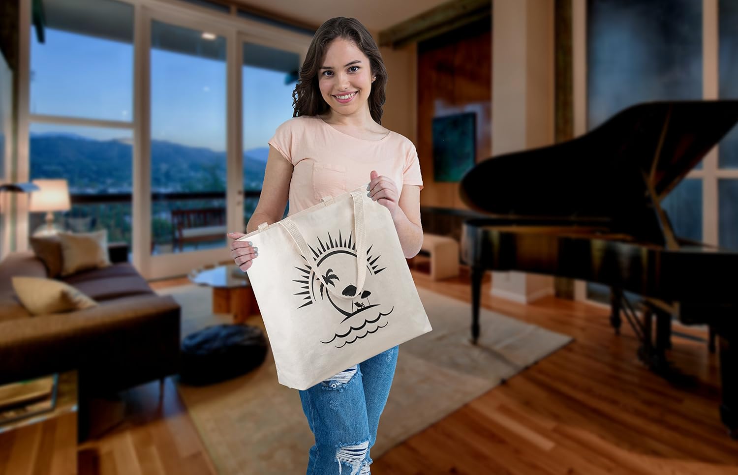 Reusable Canvas Bag - Large Tote Bag with Printed Beach Theme. Double Stitched with Sturdy Shoulder Straps to Handle Towels and Beach Time Essentials. Made in USA (Beach)