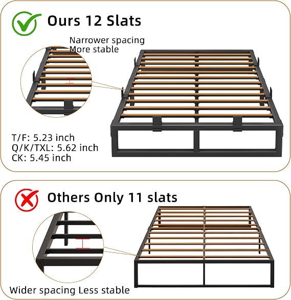King Size Bed Frame, 14 Inch Metal Platform Bed Frames with Squeak Free U-Slot Design, 6 Non-Slip Guards, 3500lbs Heavy Duty Steel Slat Support, No Box Spring Needed, Under Bed Storage, Black