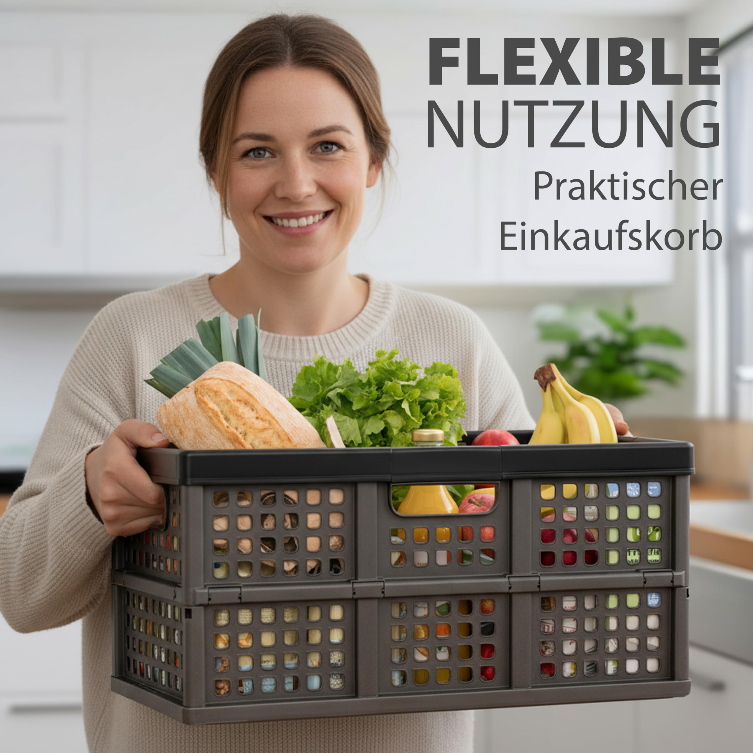 Hausfelder Klappbox faltbar 45 l, 1er Set, Schwarz | Faltbare Klappkiste & Einkaufskorb aus Kunststoff, stabil, für Auto und Haushalt, Anthrazit-Schwarz, 45 l