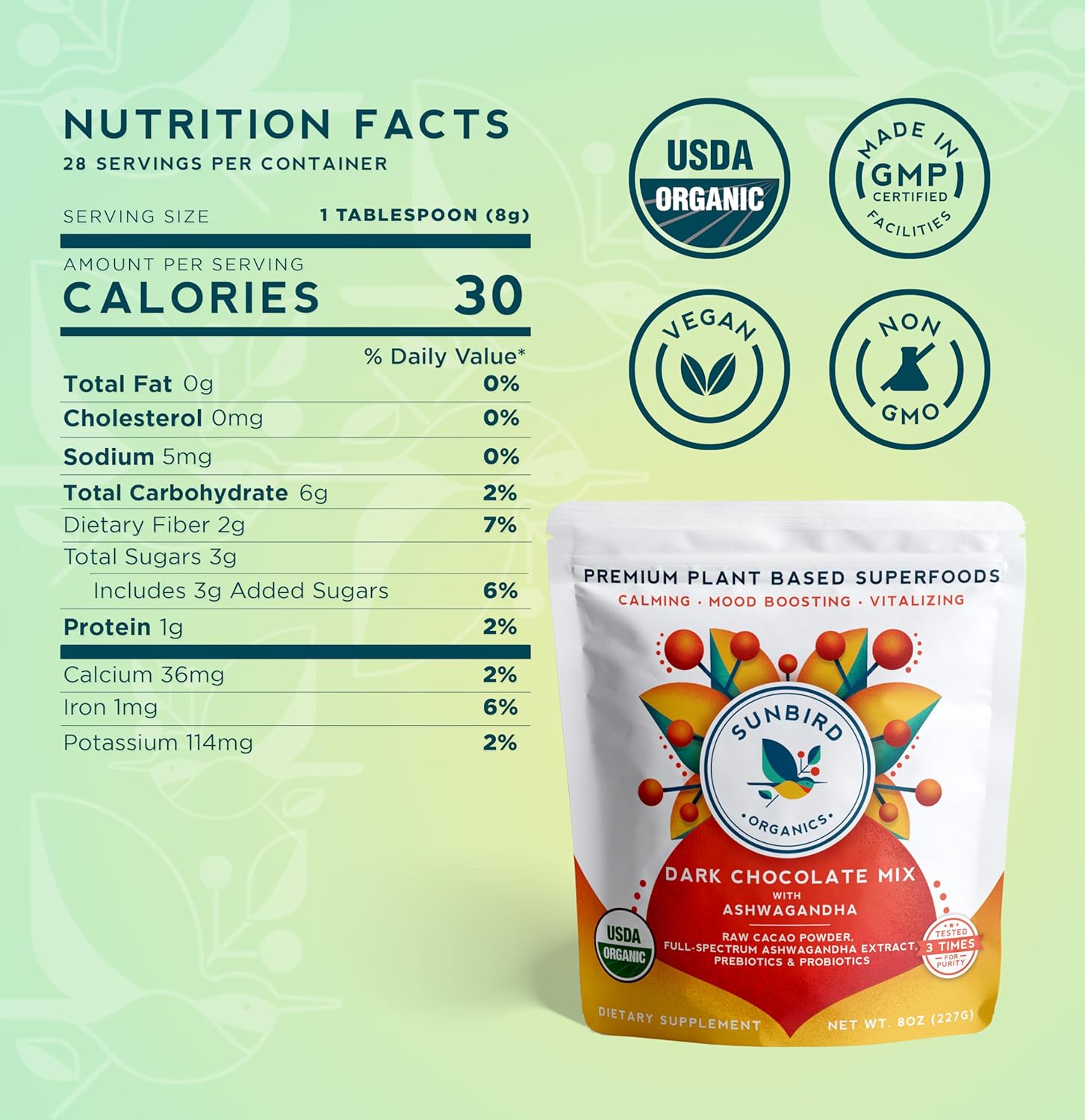 Chocolate Powder with Organic Ashwagandha Root Extract, Cacao Powder, Probiotics & Prebiotic Fiber. Smoothie Mix and Healthy Hot Chocolate. Everyday Bliss with Focus, Calm & Stress Support - 2 Pack