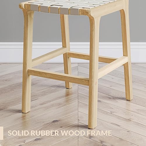 Miniatura 7 de BELLEZE Taburetes de mostrador tejidos de piel sintética de 24 pulgadas, taburetes de bar bohemios con respaldo, taburetes de cocina de madera,