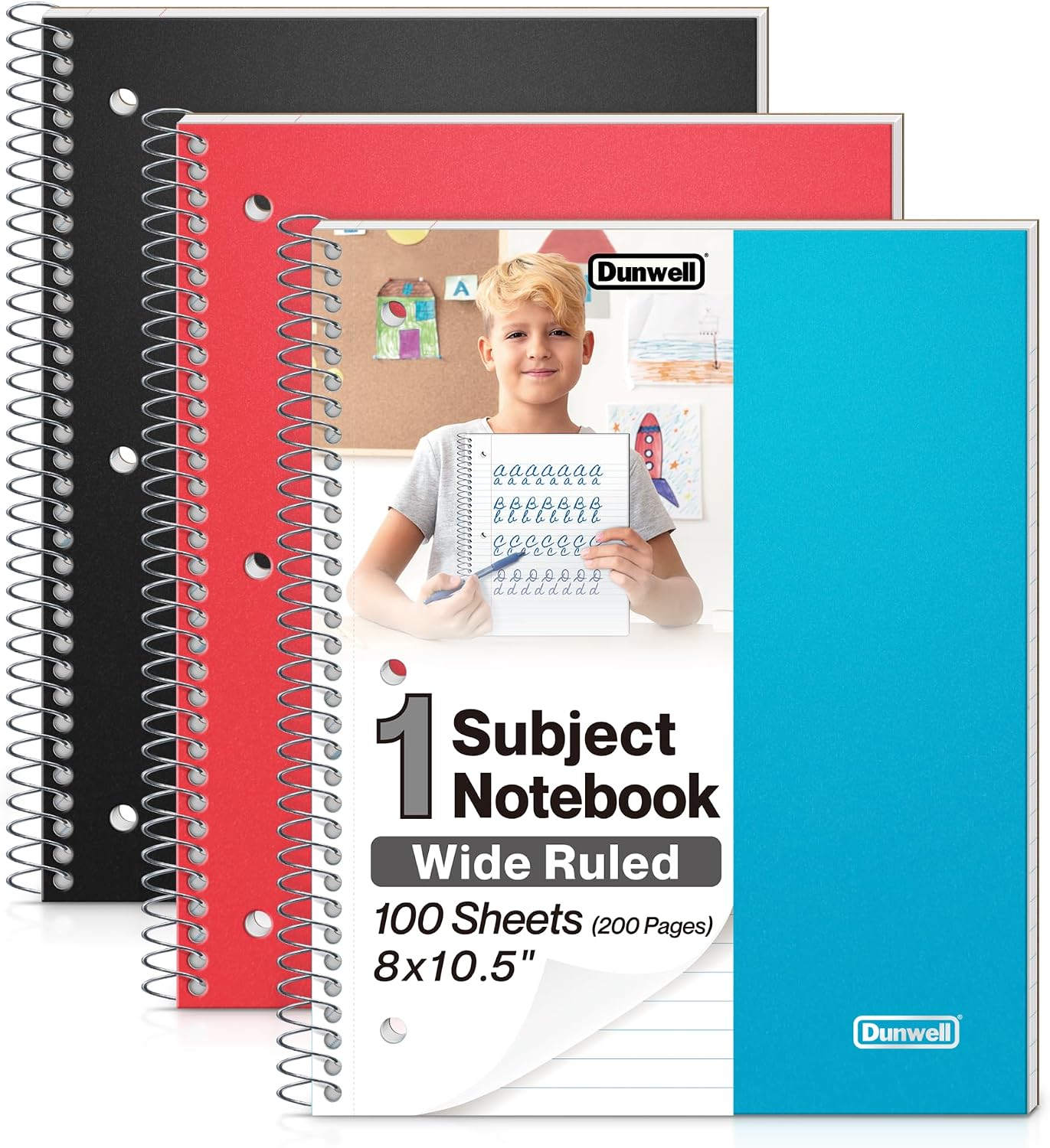 Dunwell 3-Pack Spiral Notebooks 8x10.5, Wide Ruled, Red/Blue/Black