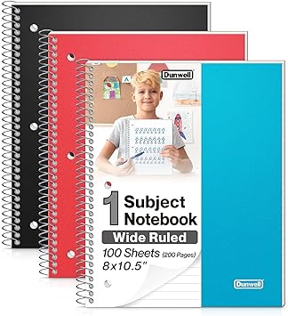 Dunwell 1 Subject Spiral Notebooks, 3-Pack, Red Blue Black 8x10.5 Paper, Wide Ruled Lines, Plastic Covers, 100 Sheets 200 Pages, 3-Hole Punched Perforated Pages, Pocket Dividers
