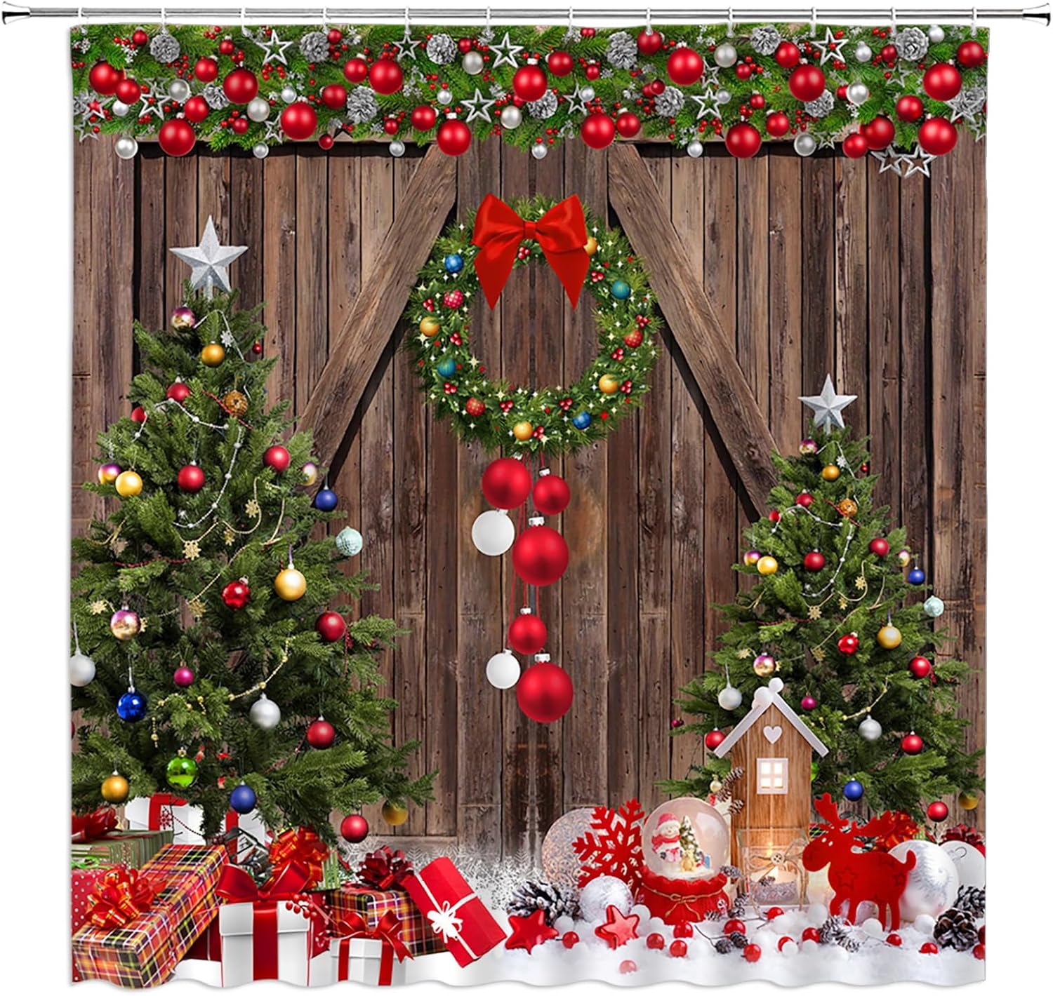 Rustic Christmas Shower Curtain Farmhouse Barn Door Xmas Tree Pine Twig Snowflake Winter Holiday 70" WX96 H Bathroom Decor Fabric Curtain with Hooks