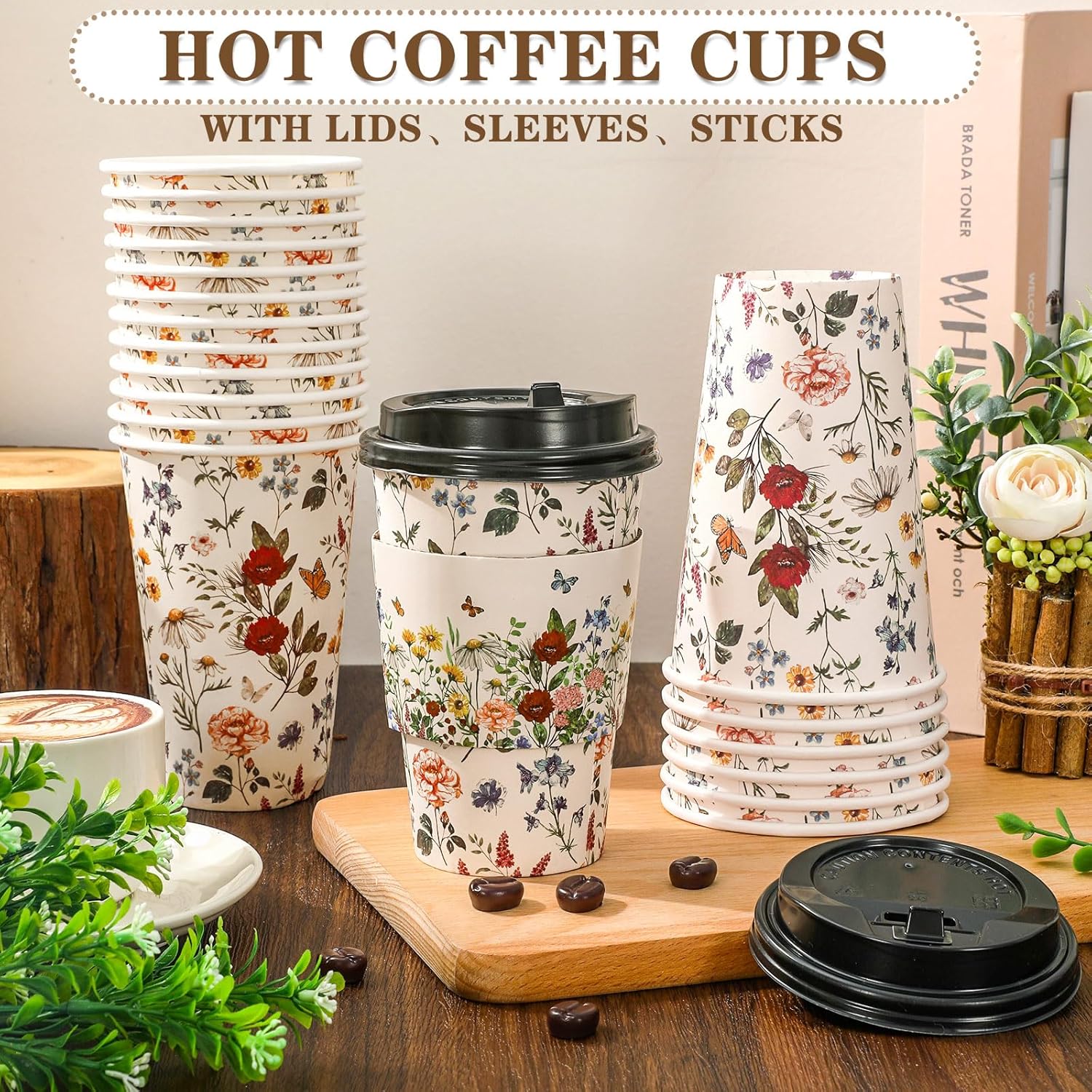 JarThenaAMCS 50 Sets Vintage Floral Coffee Cups with Lids and Sleeves 16oz Coffee Wildflower Paper Cups Disposable To Go Coffee Cups for Fall Cafes Shops Cappuccino Chocolate Beverage Cocoa - Image 3