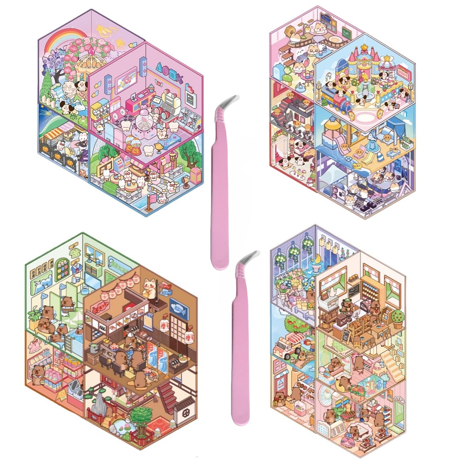 2 DIY 3D House Stickers Book with Tweezers,Cartoon 20 Sets 3D DIY Sticker Scenes Make Your Own Miniature Room Cinema Amusement Park Clothing Shop for Kids Adult Therapy Relief Stress Pass The Time